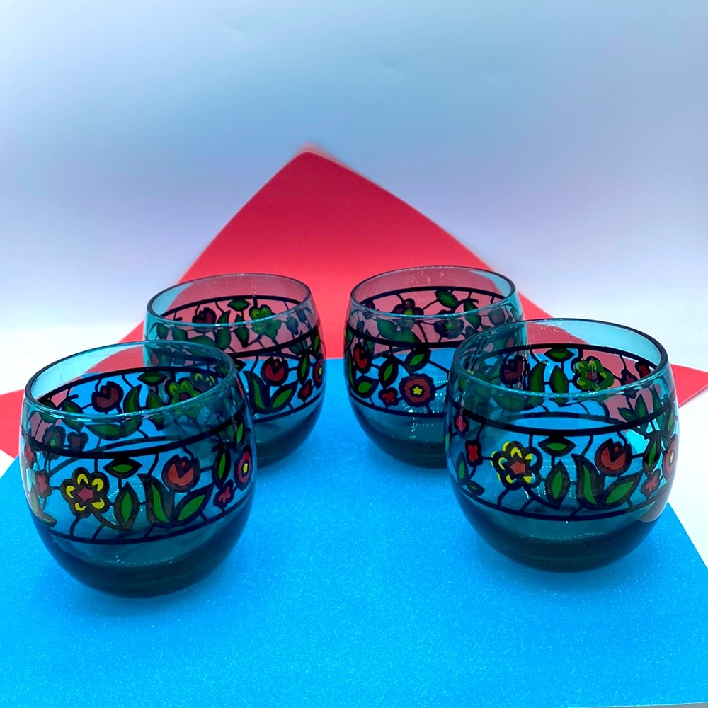Mid Century Aqua Flower Roly Poly Lowball Tumblers Set Of 4
